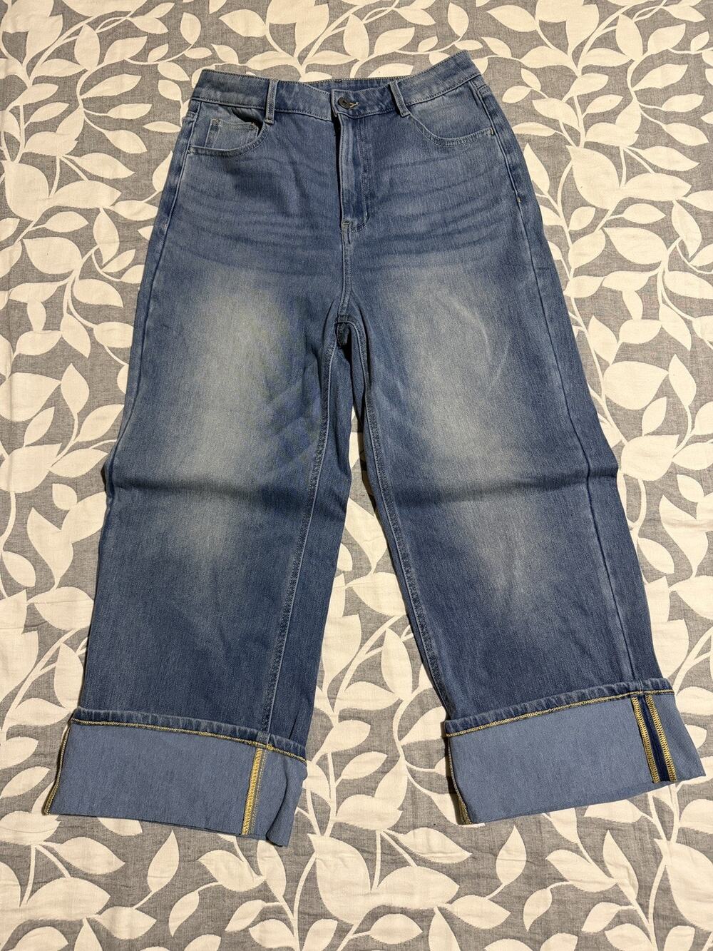 NWT Halara Jeans Size Large Flex High Waisted Pockets Rolled Hem Wide Leg Washed